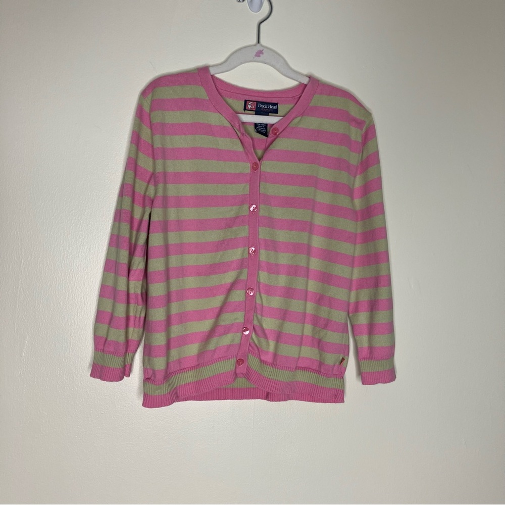Duck Head girls pink and tan striped cotton cardigan sweater L